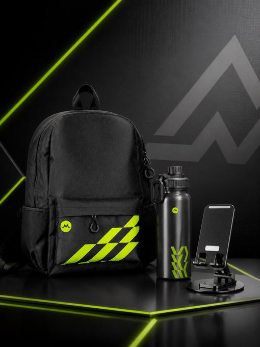 A product photo features a black and neon green backpack, water bottle, and phone stand branded with the 'MW' logo against a geometric dark background.