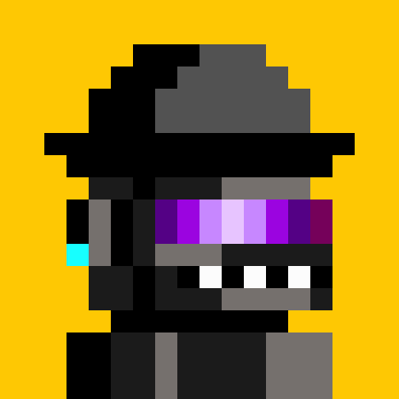 Pixel art of a dark, top-hat-wearing character with a teal glowing eye and a wide, toothy grin, set against a solid yellow background.