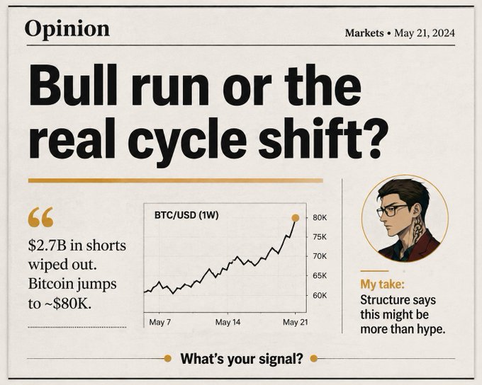 An Opinion section article titled 'Bull run or the real cycle shift?' from Markets dated May 21, 2024, discussing $2.7B in shorts wiped out as Bitcoin jumps to ~$80K, featuring a BTC/USD 1W chart and an illustration of a bespectacled commentator.
