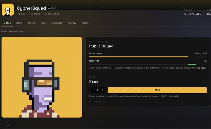 Screenshot of the CypherSquad NFT mint page on a marketplace, showing 465/555 items minted with a pixel art character and a free mint button priced at 5Z creator fee.