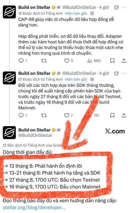 The image shows a Vietnamese translation of announcements by the official "Build on Stellar" (@BuildOnStellar) account, outlining key dates for Protocol 27 deployment: stable release on August 13, system and SDK releases from August 13-21, Testnet vote on August 27 at 1700 UTC, and Mainnet vote on September 16 at 1700 UTC, with a link to stellar.org/blog/developer. While the accompanying post mentions Pi Network's Protocol 26 and 27 upgrades on Mainnet and Testnet respectively, the image is unrelated and instead documents Stellar's upcoming Protocol 27 release schedule.