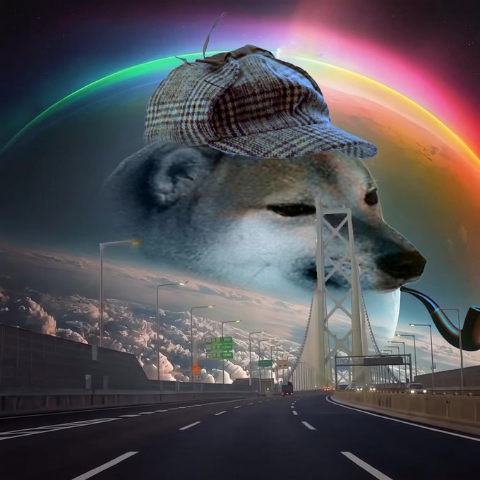 A surreal digital composite showing a large cheetah head wearing a plaid detective hat, smoking a pipe, set against a backdrop of a rainbow sky and a highway leading to a suspension bridge.