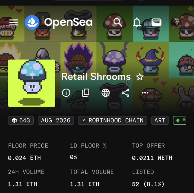 An OpenSea NFT collection page for 'Retail Shrooms' on the Robinhood Chain (August 2026), showing 643 items with a floor price of 0.024 ETH, top offer of 0.0211 WETH, and 24H volume of 1.31 ETH.