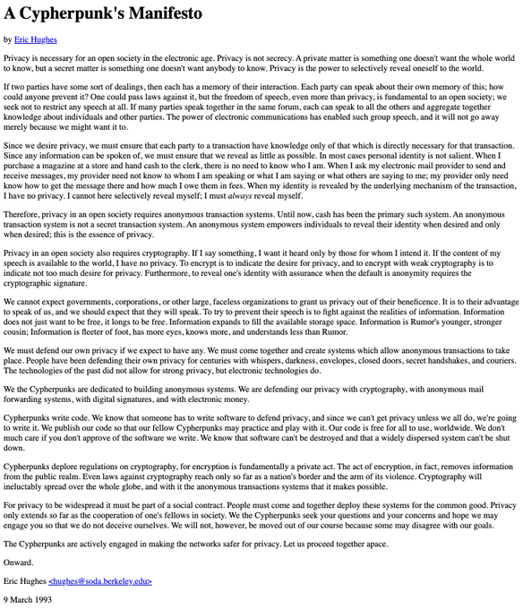The full text of 'A Cypherpunk's Manifesto' by Eric Hughes, dated 9 March 1993, advocating for privacy through cryptography.