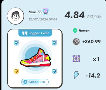 A STEPN GO app screen showing user 'MaruFB' with a Jogger Lv30 sneaker earning 4.84 GST/Min and a +360.99 gain.
