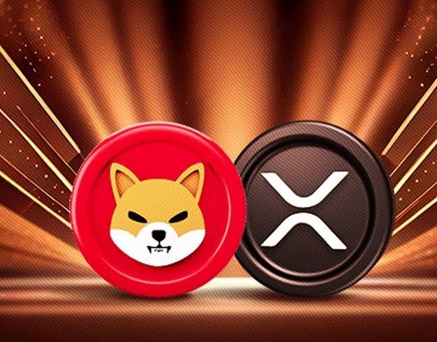 Two coin icons featuring a Shiba Inu dog ($SHIB) and the XRP logo are displayed against a spotlight background, representing the new cryptocurrency access being offered to UK investors through Robinhood's Bitstamp integration.