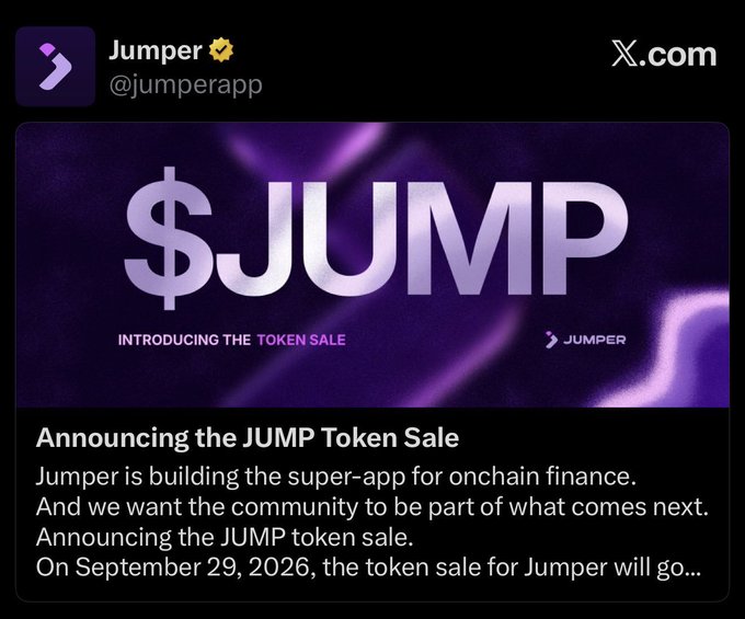 A screenshot of an X.com post by @jumperapp announcing the 'JUMP Token Sale,' stating 'Jumper is building the super-app for onchain finance' with a token sale date of September 29, 2026.