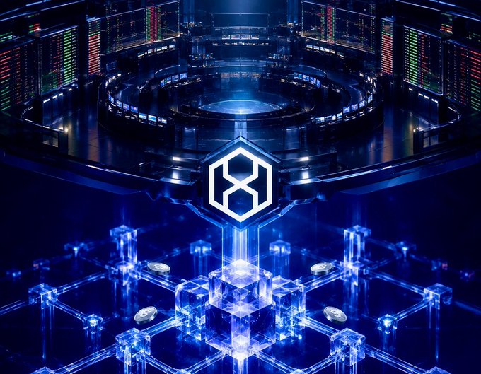 Futuristic cryptocurrency trading floor visualization with glowing blue hexagonal blockchain nodes and digital coin symbols, featuring the Beldex logo in the center.