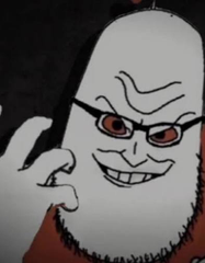 A black and white illustration of a grinning, bald cartoon man with menacing red eyes and a sinister expression.