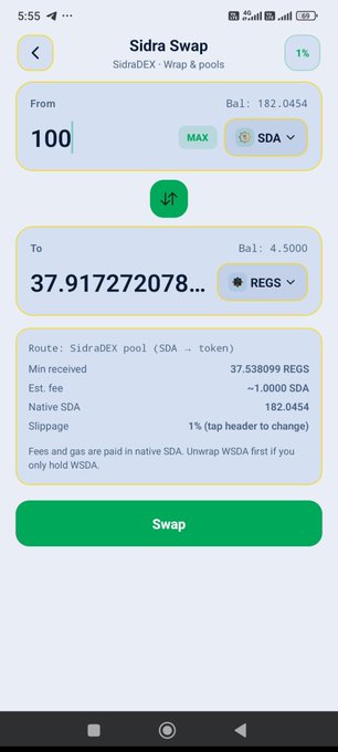 The image shows a Sidra Swap screen on SidraDEX where 100 SDA is being swapped for approximately 37.92 REGS tokens, with a 1% slippage and estimated fee of 1 SDA. This visually relates to the post's warning against swapping SDA for tokens like REGS, illustrating the type of third-party swap activity the announcement cautions users to avoid until official guidance is provided.