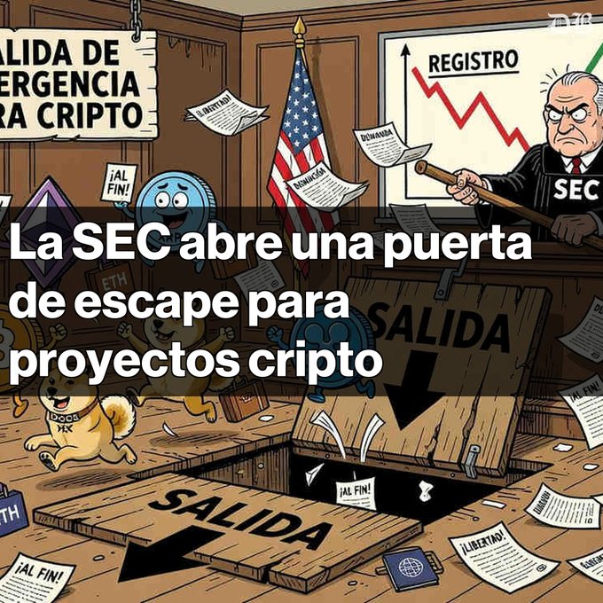 A Spanish-language illustration captioned 'La SEC abre una puerta de escape para proyectos cripto,' depicting an SEC judge overseeing a courtroom where crypto mascots escape through floor trapdoors marked 'SALIDA,' with a 'REGISTRO' chart showing a declining trend.