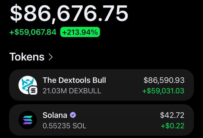 A crypto portfolio screenshot showing a total balance of $86,676.75 with a gain of +$59,067.84 (+213.94%), dominated by 21.03M DEXBULL tokens ("The Dextools Bull") valued at $86,590.93, alongside a small 0.55235 SOL holding—visually supporting the post's claim of turning an initial investment into an $85,000+ profit.
