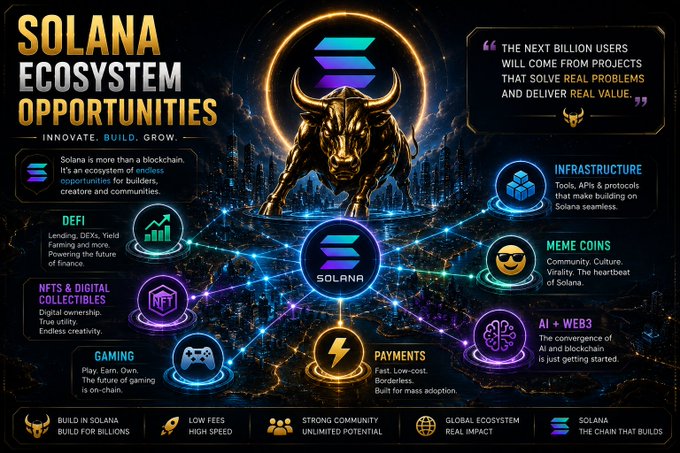 An infographic titled 'SOLANA ECOSYSTEM OPPORTUNITIES' featuring a golden bull and Solana logo, highlighting categories like DeFi, NFTs & Digital Collectibles, Gaming, Infrastructure, Meme Coins, Payments, and AI + Web3.