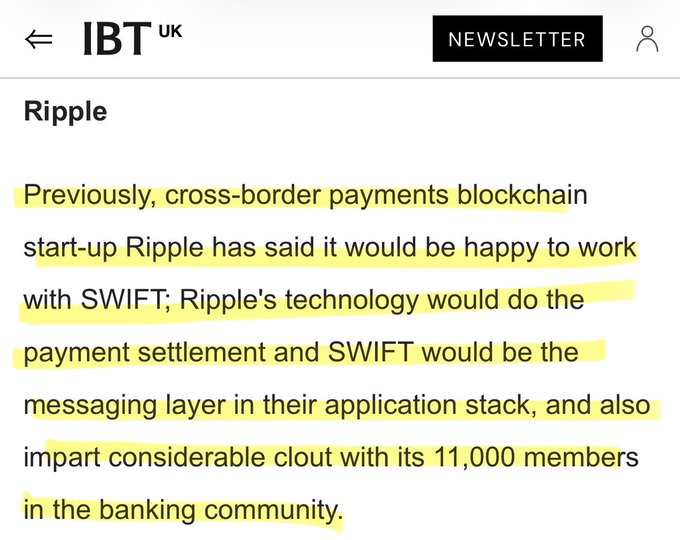 A screenshot of an IBT UK article about Ripple highlights text explaining Ripple's previous openness to partnering with SWIFT, where Ripple's technology would handle payment settlement and SWIFT would serve as the messaging layer, leveraging SWIFT's 11,000 banking members for credibility.