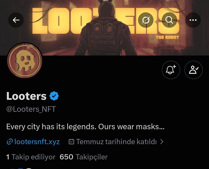 Twitter/X profile page for 'Looters' (@Looters_NFT), a verified NFT project featuring the tagline 'Every city has its legends. Ours wear masks...' with a skull logo and website link to lootersnft.xyz.