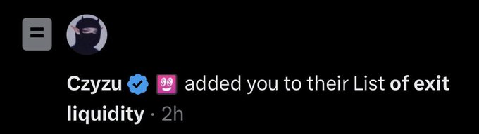 A Discord notification showing that "Czyzu" added the user to their "List of exit liquidity," relating to the post's humor about being listed by crypto trader Czyzu after missing out on earlier calls from Ansem and Cashcat.