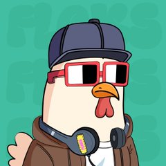 A cartoon chicken wearing a baseball cap, red glasses, headphones, and a brown hoodie is displayed on a green background, likely representing a community mascot or brand character for "The Floks" NFT collection mint announcement on OpenSea.