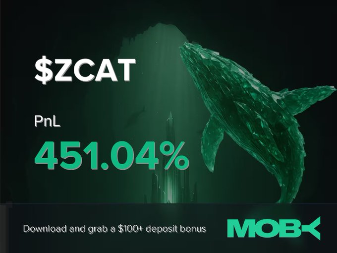 A promotional image for Moby Mobile featuring a large green crystal whale against a dark underwater backdrop, displaying "$ZCAT" with a "PnL" of "451.04%" alongside the call to action "Download and grab a $100+ deposit bonus" and the Moby logo. The graphic visually celebrates the trader's winning position on the $ZCAT token, as highlighted in the accompanying win alert post.