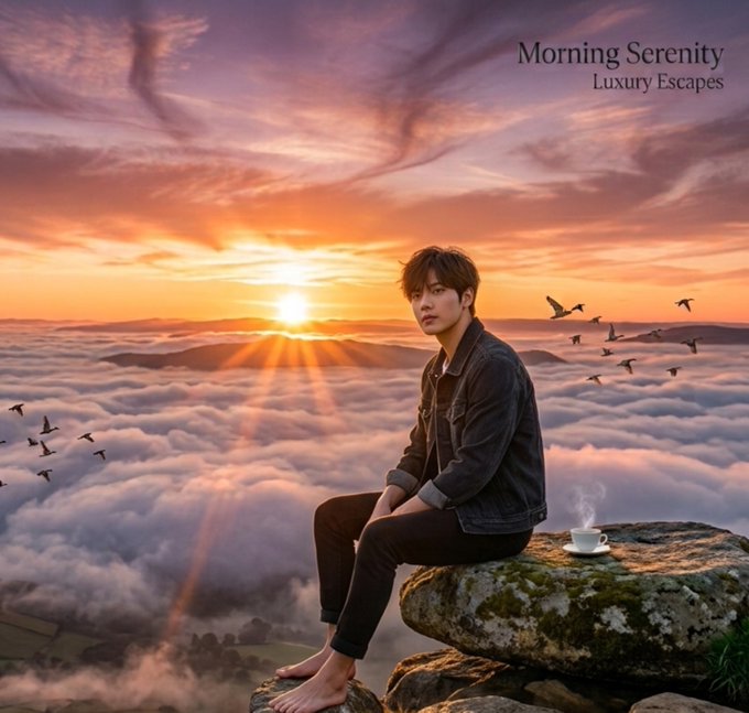 An AI-generated image depicts a young man sitting on a rocky outcrop above a sea of clouds at sunset, with the text 'Morning Serenity - Luxury Escapes' in the upper right corner.