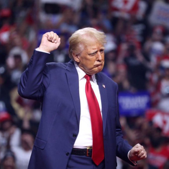 Donald Trump stands at a rally with his fist raised in a determined gesture, wearing his signature blue suit and red tie, as the crowd behind him waves American flags and campaign signs in support. The image captures his confident, rallying posture—fitting perfectly with his bold declaration that Bitcoin and cryptocurrency will "soar beyond your expectations," projecting the same energetic certainty he shows to his supporters onto the future of digital assets.