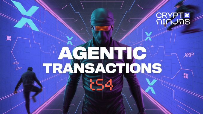 A masked, futuristic figure in a sleek black outfit stands in a neon-lit digital corridor adorned with XRP, "DOGE," "USDT," and "X" symbols, with bold text reading "AGENTIC TRANSACTIONS" and a digital counter displaying "T54" — visually representing T54's launch of an agent finance stack on the XRP Ledger that enables autonomous AI agents to conduct secure, direct blockchain transactions.