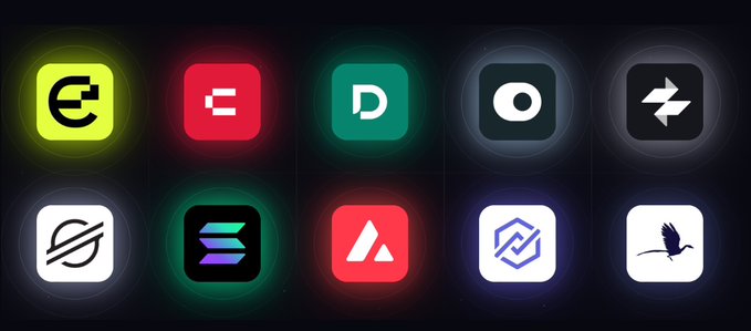 The image features a grid with various logos for different companies or brands. The logos include symbols such as a white square with a green triangle inside, a red circle with a blue line through it, and other unique designs. These logos are arranged in a row against a dark background, creating an interesting visual effect that highlights the diversity of the logos displayed. The image also includes text that reads "Sovereign debt, credit ratings, tokenized stocks, reinsurance, AI Agentic RWA settlement Layer, blockchains, pre-ipo stocks, digital asset platform & more." This information suggests that these logos may be associated with different companies or industries related to finance and technology.