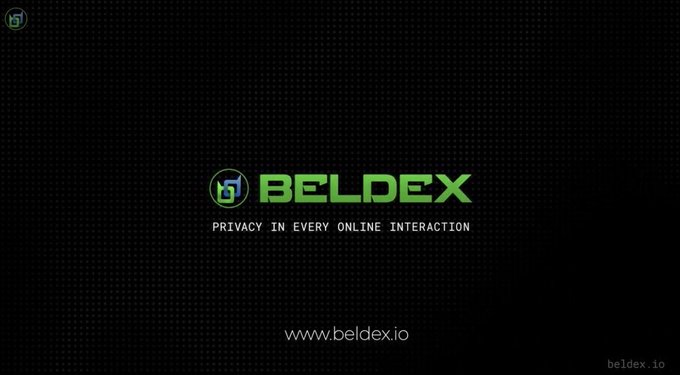 The image displays a dark promotional graphic for **Beldex** (beldex.io), featuring the green "BELDEX" logo and tagline "PRIVACY IN EVERY ONLINE INTERACTION." It visually reinforces the accompanying post's message that Beldex builds privacy into its core infrastructure rather than treating it as an add-on feature.
