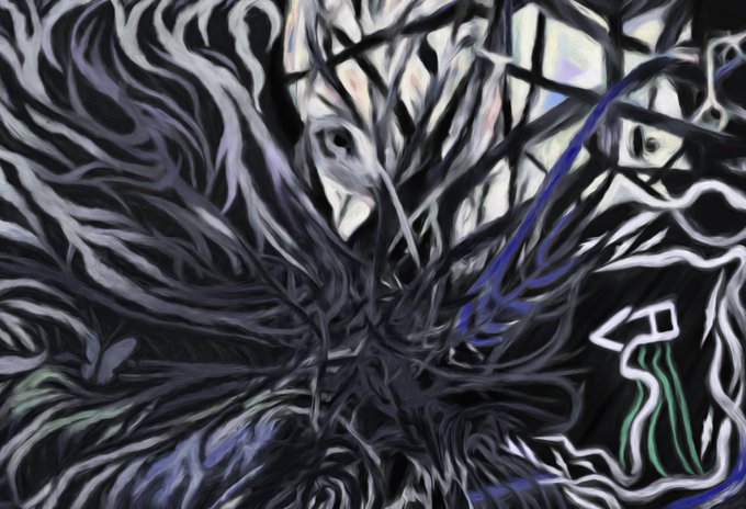 The image features a digital art piece with an abstract design, predominantly black and white colors. The artwork has a chaotic appearance due to its intricate patterns and lines that create a sense of depth and complexity. The artist's signature can be seen at the bottom right corner of the image. The post is titled "Gn! Bawl" and contains a link to an article about gnats, which seems unrelated to the artwork but adds context to the viewer.