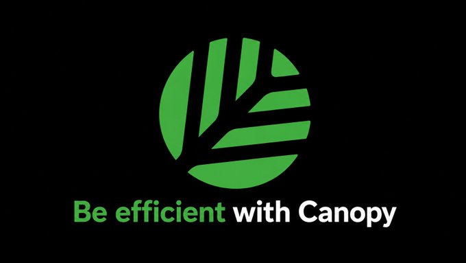 A green leaf logo appears on a black background with the text "Be efficient with Canopy".