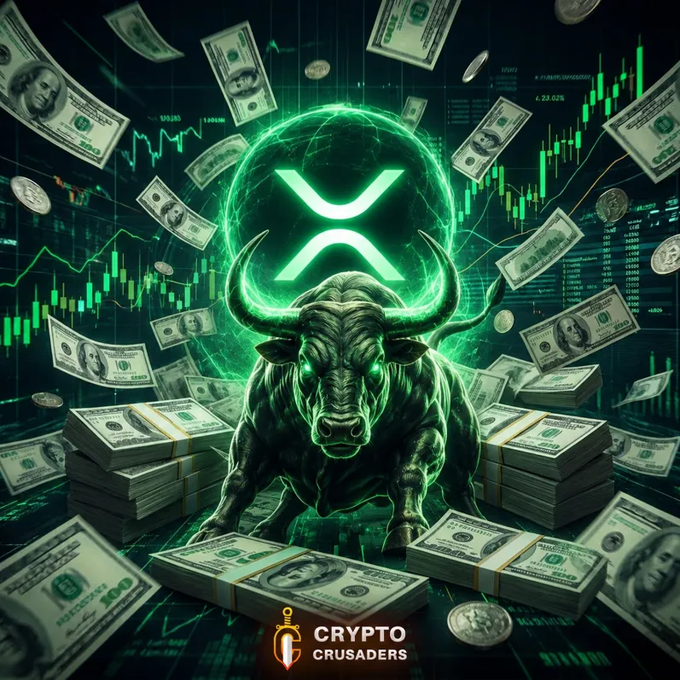 A Crypto Crusaders promotional image featuring a green bull with the XRP logo glowing above it, surrounded by flying dollar bills and crypto candlestick charts.