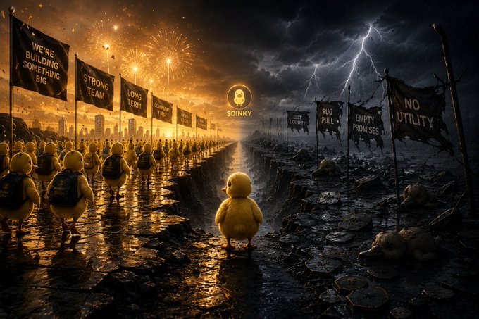 A split-scene digital artwork contrasting a yellow-toned, hopeful march of small yellow chick-like creatures carrying banners like 'WE'RE BUILDING SOMETHING BIG' and 'LONG TERM' with a dark, destroyed landscape featuring tattered flags reading 'NO UTILITY' and 'EXIT LIQUIDITY', under a 'SDINKY' logo.