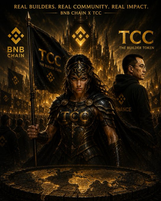 A dramatic promotional poster featuring a warrior figure holding a "TCC" flag with text "REAL BUILDERS. REAL COMMUNITY. REAL IMPACT. BNB CHAIN X TCC" and logos for BNB Chain and TCC (The Builder Token).