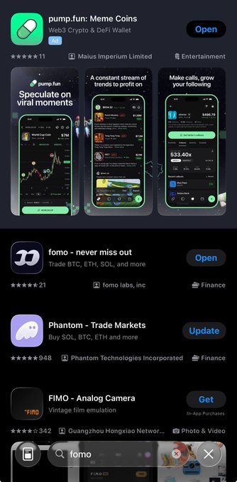 The Apple App Store displays app listings for "pump.fun: Meme Coins," "fomo - never miss out," "Phantom - Trade Markets," and "FIMO - Analog Camera."