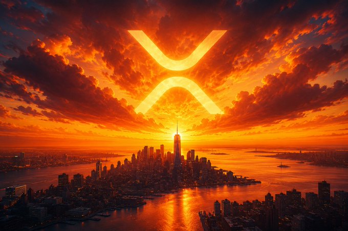 The image is an aerial view of a city with a glowing sunrise or sunset, which sets the backdrop for the XRP logo in red letters that are centrally located. The sky appears to be burning orange, and the city below features buildings that reflect this warm hue. The post title reads "Good morning, XRPL #XRPL # Cryptocurrency #XRPL", and it encourages users to "Focus on what is in the image and how it relates to the post."