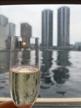 A hand holding a champagne flute of bubbly wine in front of a window with water droplets, overlooking a cityscape with tall skyscrapers across the water.