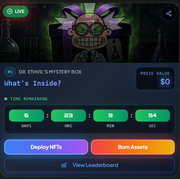 A digital interface for 'DR. ETHVIL'S MYSTERY BOX' shows a countdown of 6 days, 23 hours, 9 minutes, and 54 seconds, with buttons to 'Deploy NFTs' and 'Burn Assets'.