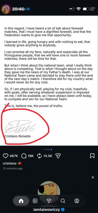 An Instagram screenshot of a post from 'cristiano' (Cristiano Ronaldo) with a lengthy statement about his father's passing and national team commitments, with 467K likes.