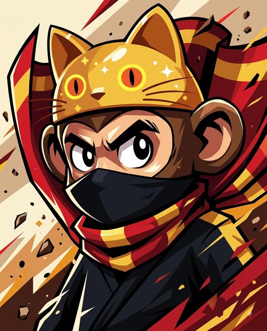 A cartoon illustration depicts a ninja character wearing a golden cat-eared helmet and a red-and-yellow striped scarf, set against an explosive dynamic background.