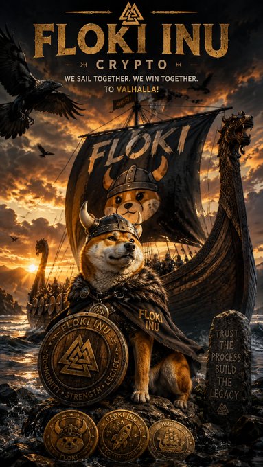 A promotional poster for 'FLOKI INU CRYPTO' features two Shiba Inu dogs dressed as Vikings on a Viking ship, with the tagline 'We sail together. We win together. To Valhalla!' and an emblem of community, strength, and legacy.