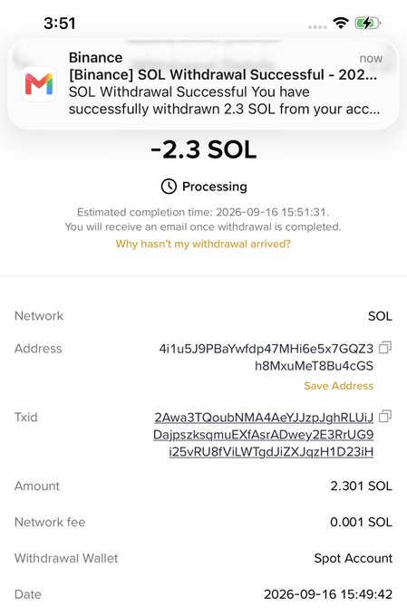 A Binance notification showing a successful 2.301 SOL withdrawal (txid 2Awa3TQoubNMA4AeYJZtpJghRLUiJDajpszksqmuEXfAsrADwey2E3RrUG9i25vRU8FViLWTgdJiZXJqzH1D23iH) to address 4i1u5J9PBaYwfdp47MHi6e5x7GQZ3h8MxuMeT8Bu4cGS, processing with an estimated completion of 2026-09-16 15:51:31. The image serves as proof of a 2.3 SOL giveaway transaction sent to @talktomoyo as part of a "RT.Drop #Solana" promotion.