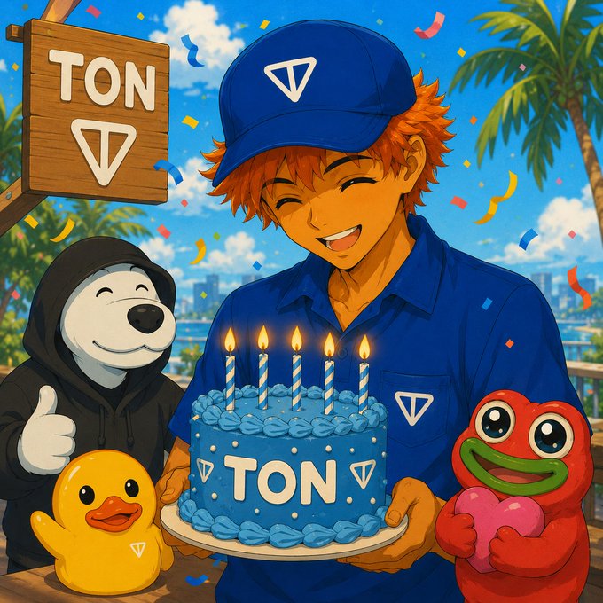 The image features a man holding a birthday cake with candles, surrounded by two stuffed animals - one duck and one frog. The man appears to be wearing a blue shirt that says "TON" on it. In the background, there are palm trees and other decorations, creating an atmosphere of celebration. The post also mentions that TON was launched five years ago on May 26th, 2021, by the community, for the community!