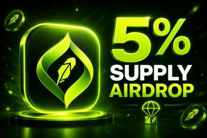 A glowing green neon graphic featuring a stylized leaf/flame emblem in a rounded square frame, alongside bold text reading "5% SUPPLY AIRDROP" with a small airdrop package icon, promoting the Meta Alchemist (VibeVibe) testnet airdrop on the Robinhood Chain that will distribute 5% of the mainnet token supply to testnet participants.