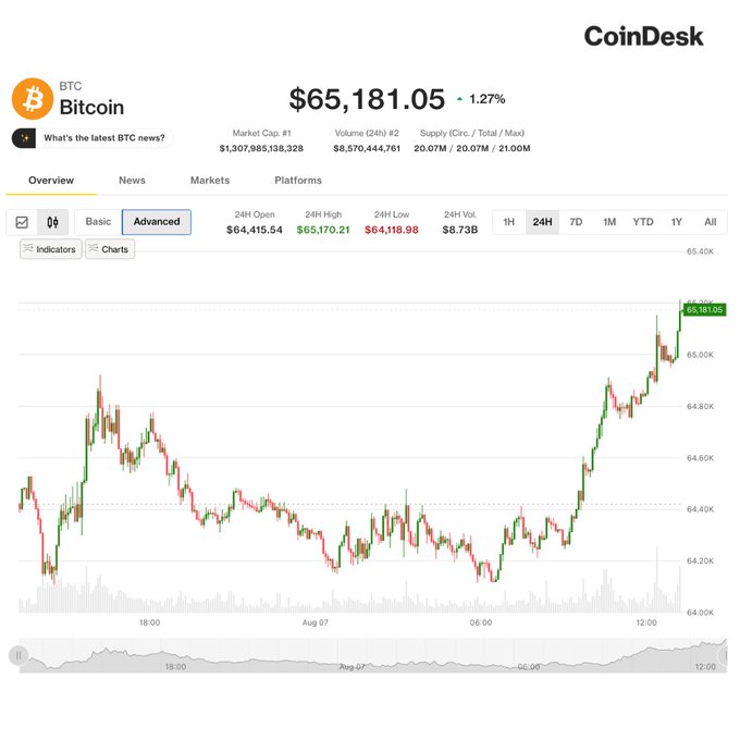 CoinDesk Bitcoin price chart showing BTC at $65,181.05 (+1.27%) with 24H High of $65,170.21 and 24H Low of $64,118.98.