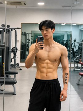 A shirtless man takes a mirror selfie in a gym, displaying a defined six-pack while holding a phone, with a small barcode-style tattoo visible on his forearm—likely the "Brother Monkey" selfie referenced in the post, whose authenticity the sender claims is real rather than AI-generated.