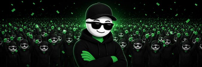 A stylized mascot wearing sunglasses, a black cap, and a hoodie stands confidently with arms crossed in front of a massive crowd of identical figures, all in a green and black color scheme. The image visually represents the "Pumpor" token's mission to build a recognizable brand through community-driven social media presence, with the central figure symbolizing the token's leadership and the crowd representing its growing community of supporters.