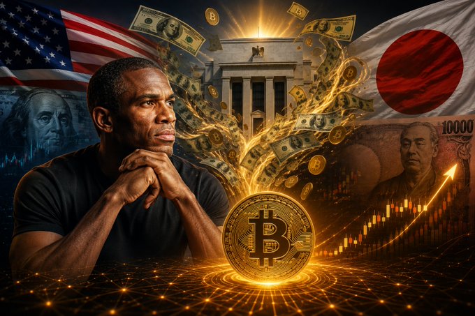 A dramatic graphic depicting a man contemplating Bitcoin, surrounded by US dollars, Japanese yen, the Federal Reserve building, the American and Japanese flags, and rising charts symbolizing global crypto markets.