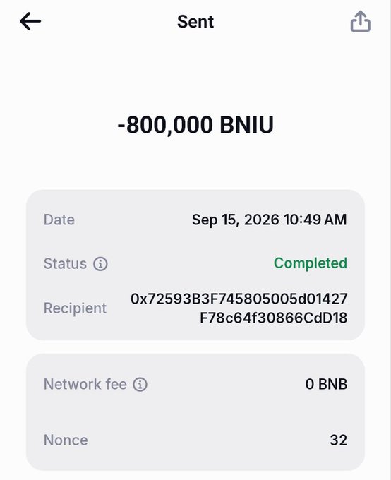 A mobile wallet screenshot showing a completed transaction of -800,000 BNIU sent on Sep 15, 2026 10:49 AM to recipient address 0x72593B3F745805005d01427F78c64f30866Cd18, with a network fee of 0 BNB and nonce 32.