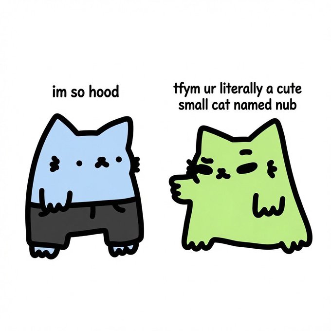A simple cartoon of two cats: a blue one in a gray shirt saying 'im so hood' and a green one pointing back, saying 'tfym ur literally a cute small cat named nub'.