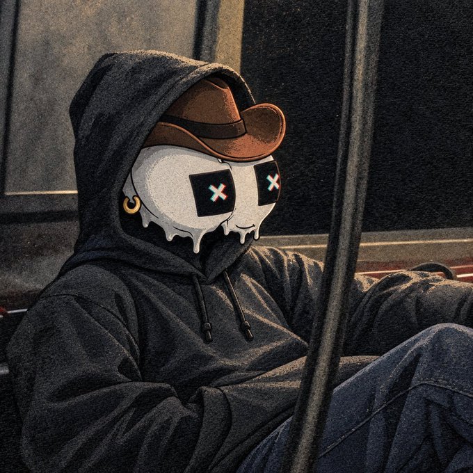 A stylized illustration depicts a hooded figure in a dark hoodie and jeans wearing a brown cowboy hat and a dripping white skull-like mask with X-shaped eyes and a gold hoop earring, sitting slumped in what appears to be a subway car.