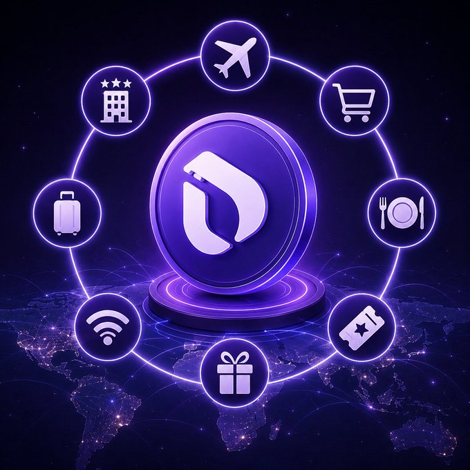 A purple digital graphic featuring a central crypto token surrounded by icons representing hotels, flights, shopping, dining, luggage, tickets, gifts, and Wi-Fi against a world map background.